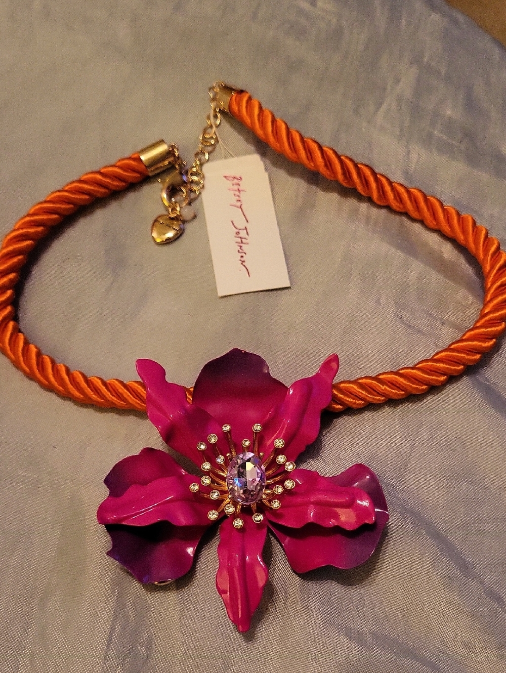 Betsey Johnson Pink Flower Statement Necklace with Orange Rope Bnwt HL - Picture 2 of 7